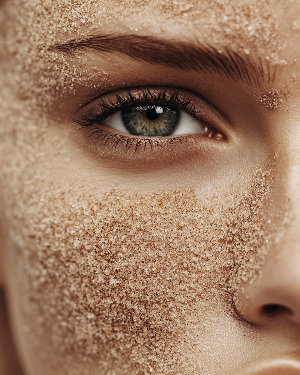 Close-up of a person's face with sandy particles scattered across the cheek and eye area, focusing on the eye and surrounding skin. Toronto luxury facials. Toronto medical grade treatments.
