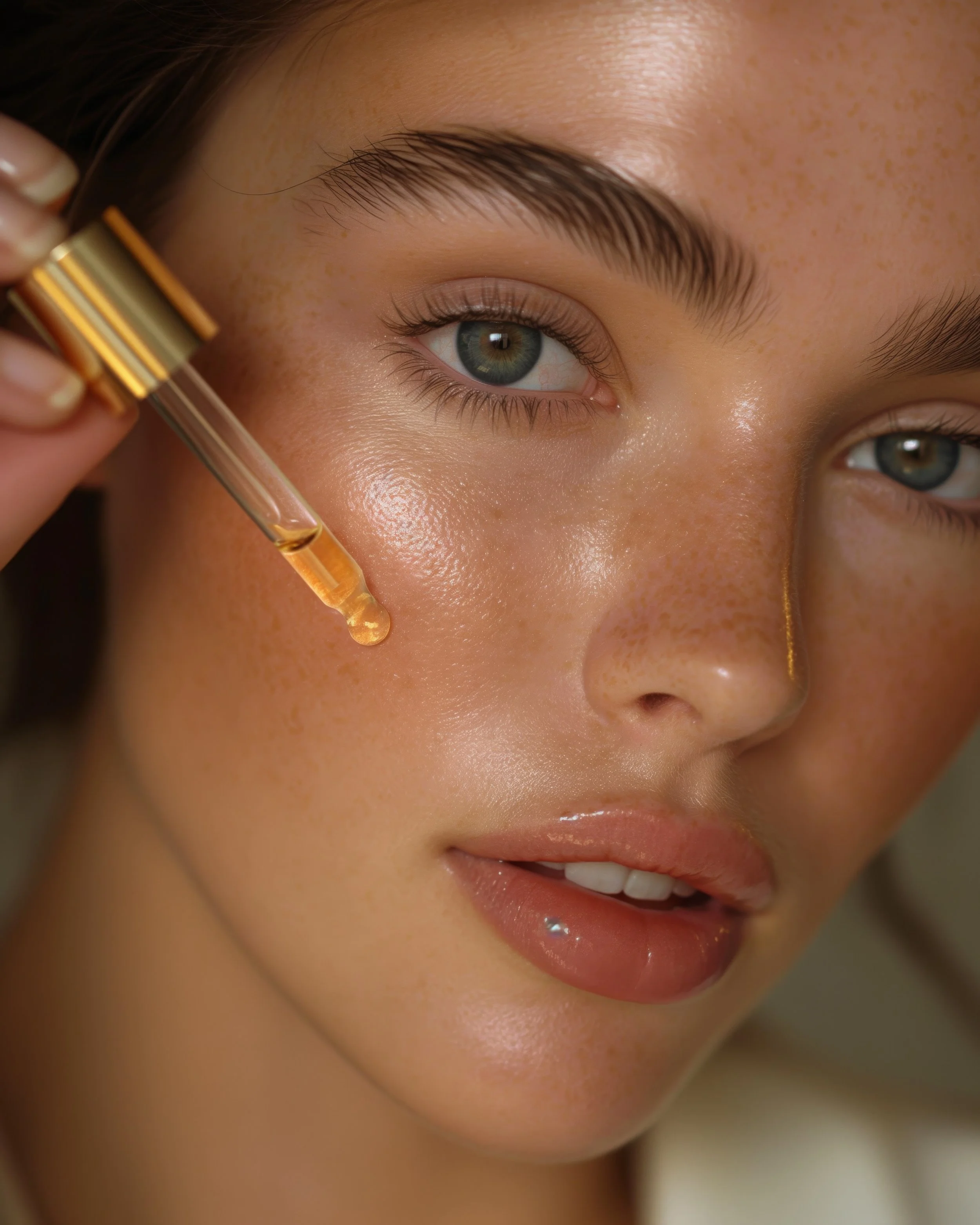 Close-up of a woman's face with one eye visible, holding a dropper with a golden-colored liquid near her eye, with smooth skin and well-groomed eyebrows. Toronto microneedling with exsomes and pdrn.