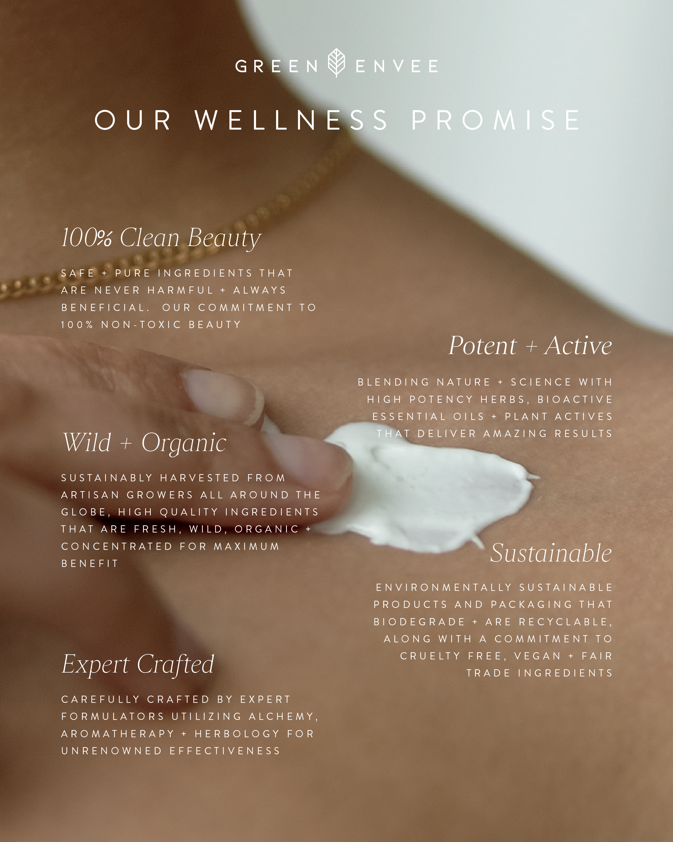 Close-up of a gold chain necklace on a person's neck, with white cream or lotion applied to the skin. Overlaying text about skincare and beauty products emphasizing wellness, natural ingredients, and sustainability. Toronto organic skincare line.