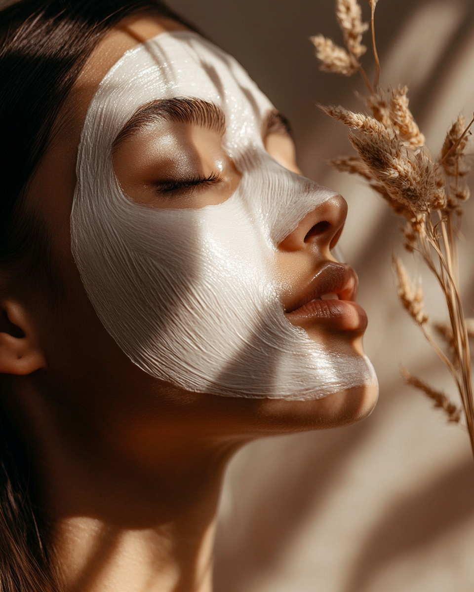 A woman with a white facial mask on her face, closed eyes, and long brown hair, holding a bunch of dried wheat stalks close to her face. Toronto luxury facials. Toronto medical grade facial treatments.