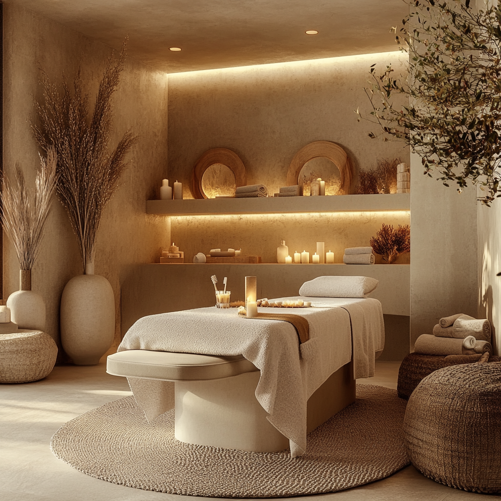 A serene spa room featuring a massage bed with plush white linens, surrounded by neutral-toned decor, candles, and natural elements such as pampas grass and dried foliage, creating a calming ambiance. Toronto spa. Toronto facials. Zen Toronto Facial.