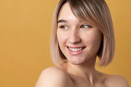 Une jeune femme souriante avec des cheveux courts et blonds, un léger acné en voix de guérison.