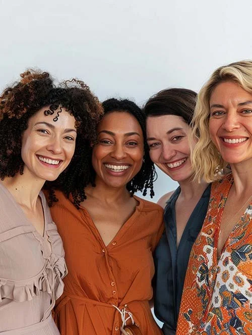 4 femmes épanouies, souriantes et confiantes grâce à l'équilibre hormonal retrouvé avec leur accompagnement par Grenade Hormones et Nutrition