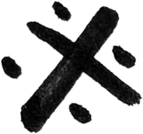 Black ink splash with a large X shape and smaller dot-like splashes around it