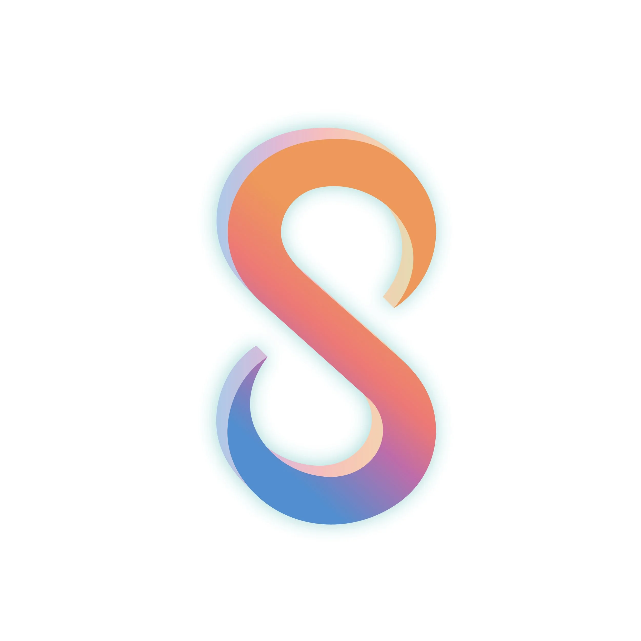 Abstract swirl design with intertwined bands of orange, purple, pink, and blue on a white background.