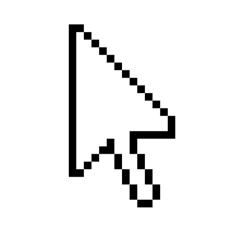 Pixelated white computer mouse cursor arrow on a black background.