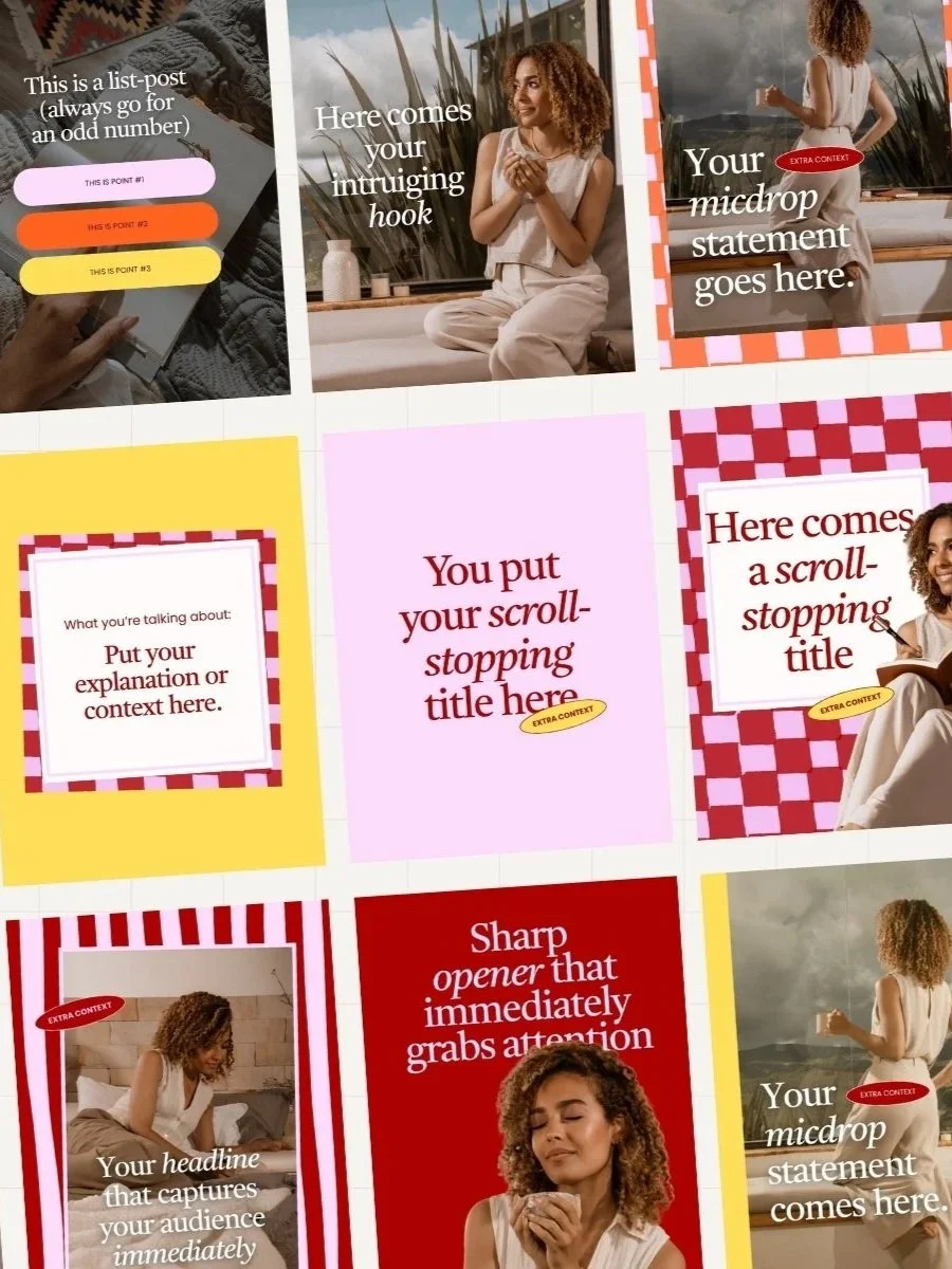 A collage of colorful social media templates with text placeholders and images of a woman with curly hair sitting outdoors, holding a coffee cup, and with various text prompts for creating engaging content.