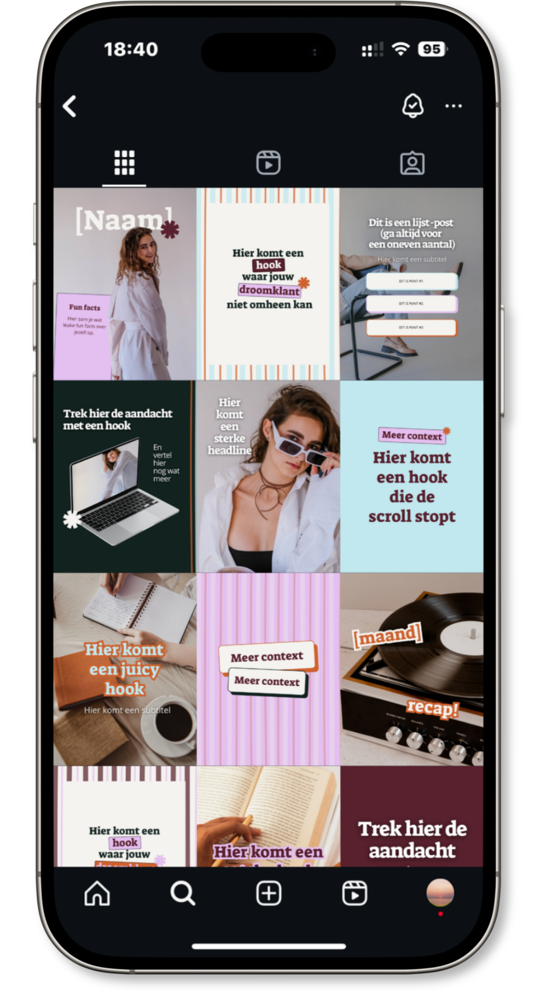 A smartphone screen displaying multiple social media posts with text in Dutch, including pictures of women, a laptop, a record player, and a book, with various colorful and styled text boxes.