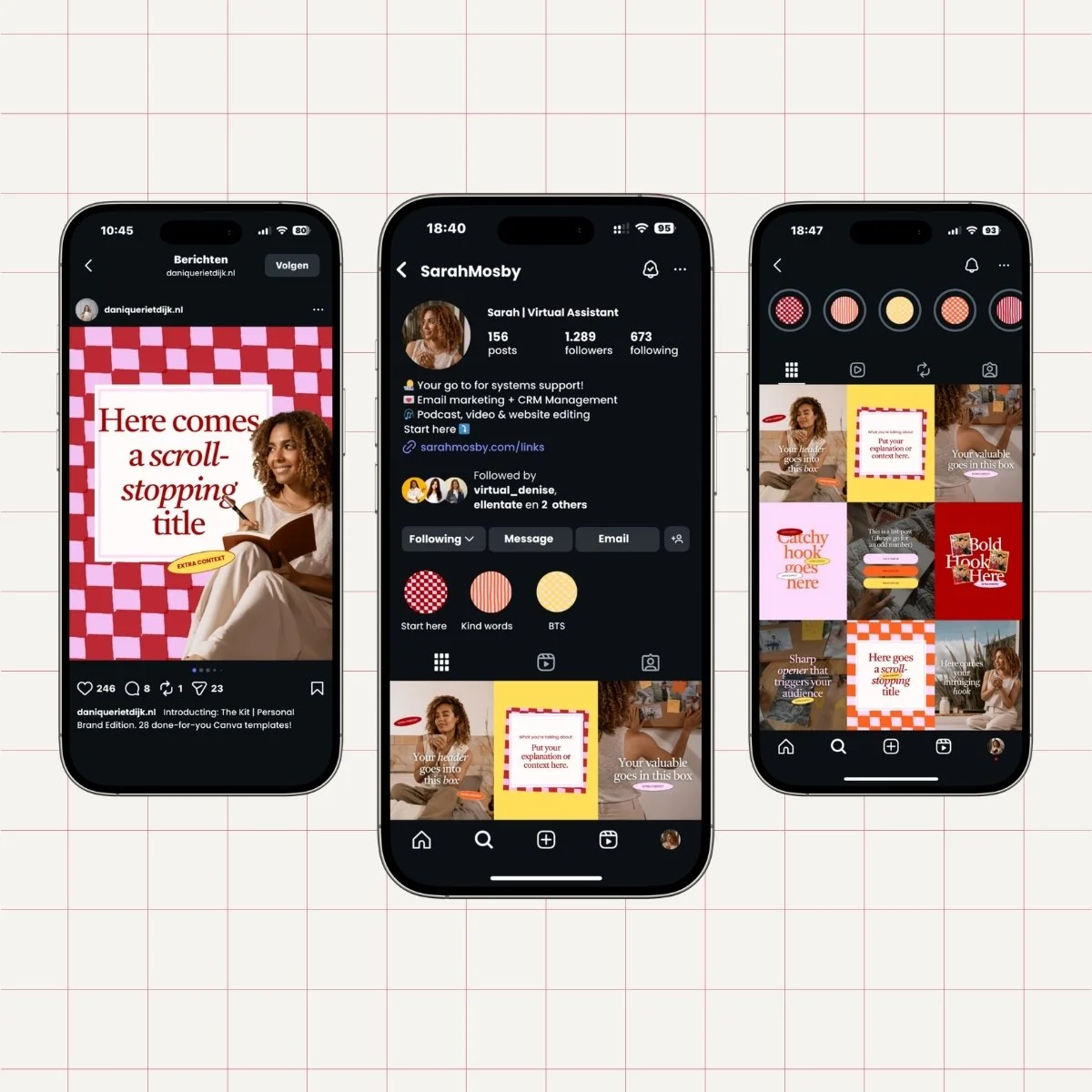 Three smartphone screens displaying social media profiles and posts related to content creation, branding, and design, with a background of grid paper.