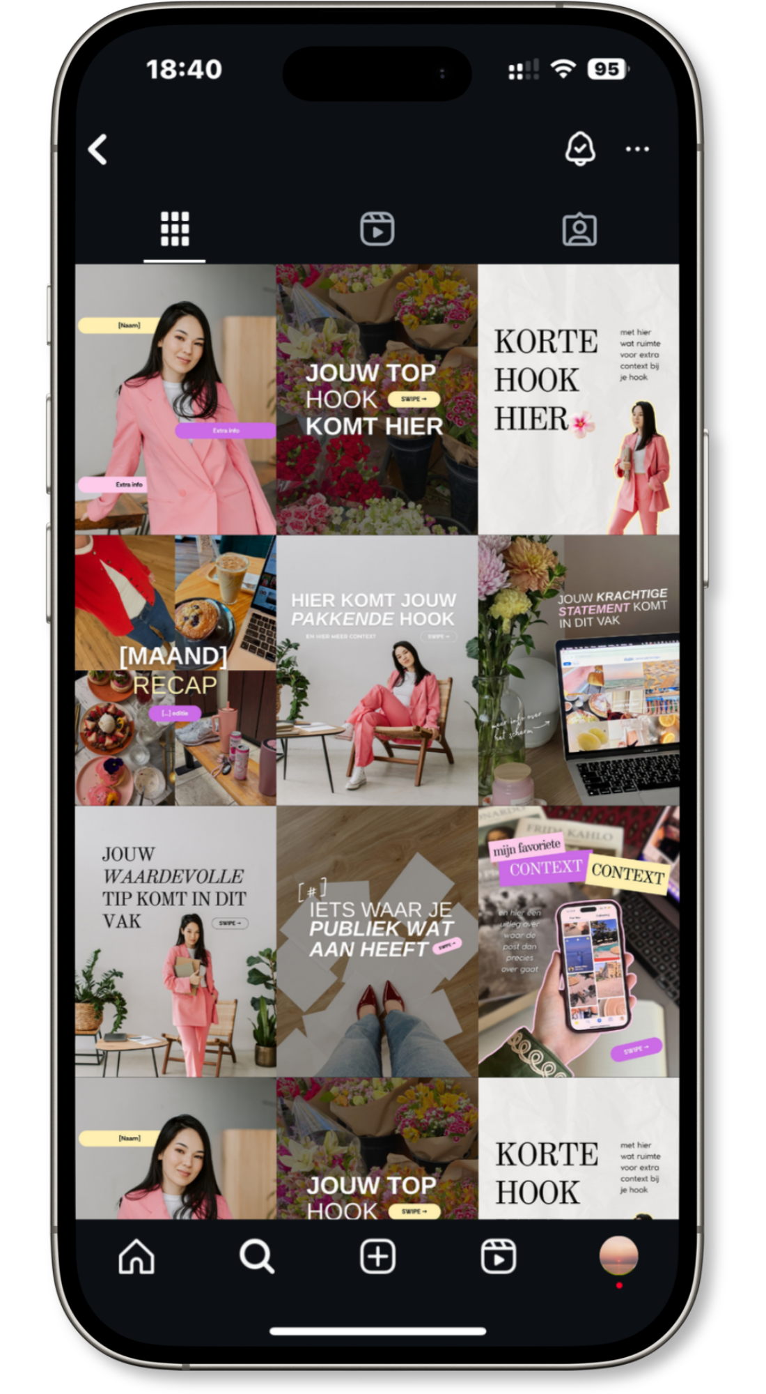Mobile phone screen displaying a social media app with a grid view of various images, including a woman in a pink suit, flowers, food, and text overlays in Dutch and English. The app interface shows icons for home, search, create, and watch at the bottom.
