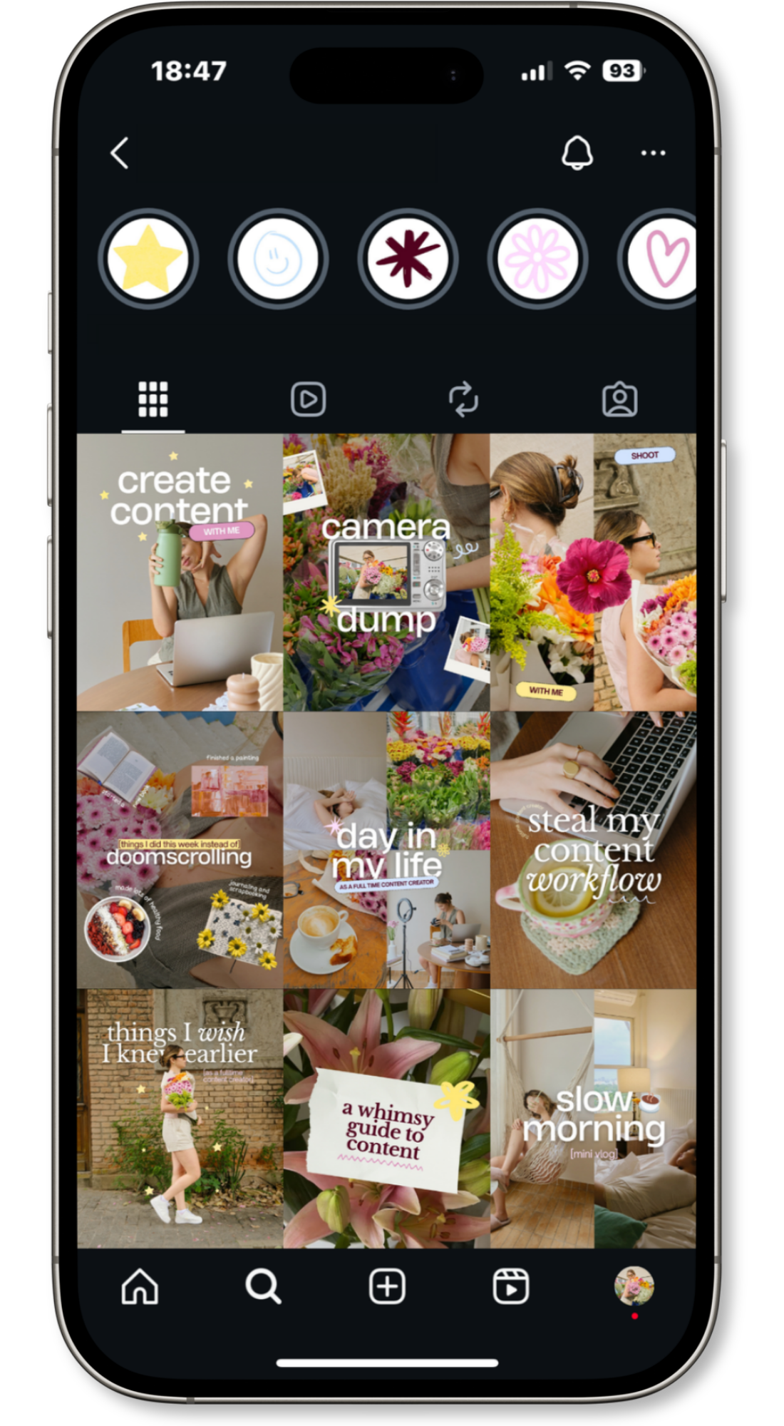 Smartphone screen displaying Instagram with various content thumbnails, emojis, and icons for creating and viewing content.
