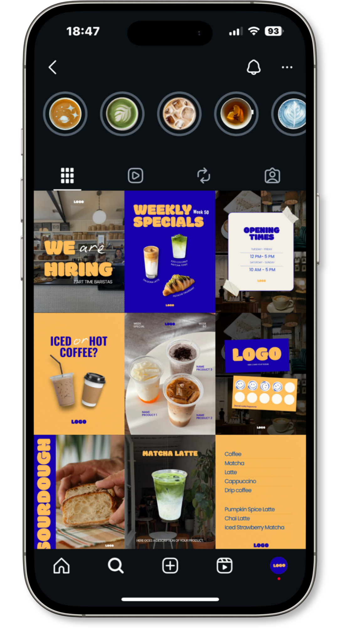 Smartphone screen displaying an Instagram feed with coffee shop promotional images, including weekly specials, hiring notice, and various coffee drinks, with navigation icons at the bottom.