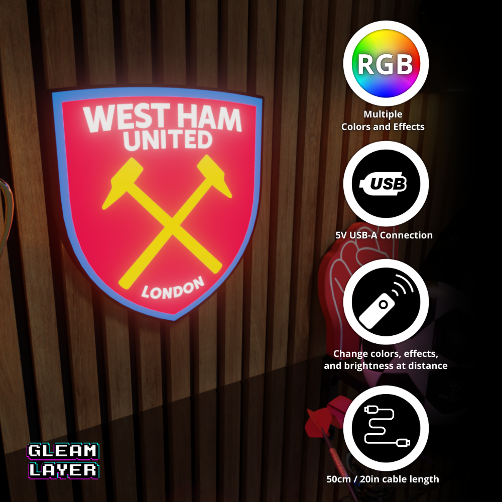 West Ham United Football Club LED RGB Wall Display Light Sign