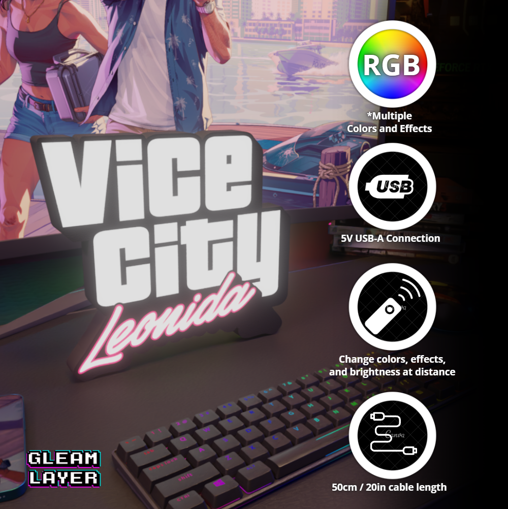 Upgrade your gaming setup with this GTA VI Leonida RGB LED Light Sign, inspired by Vice City.