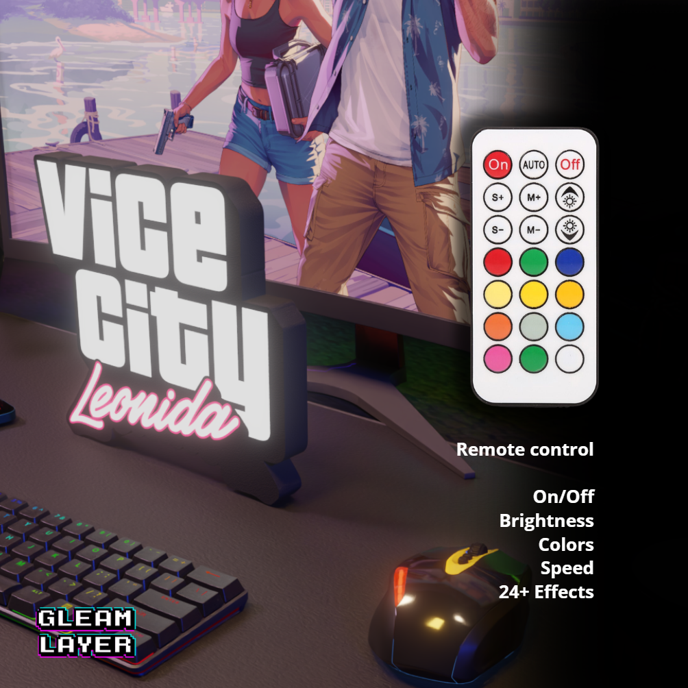 Create a bold gaming atmosphere with this GTA VI Vice City Leonida RGB Neon Light Sign.