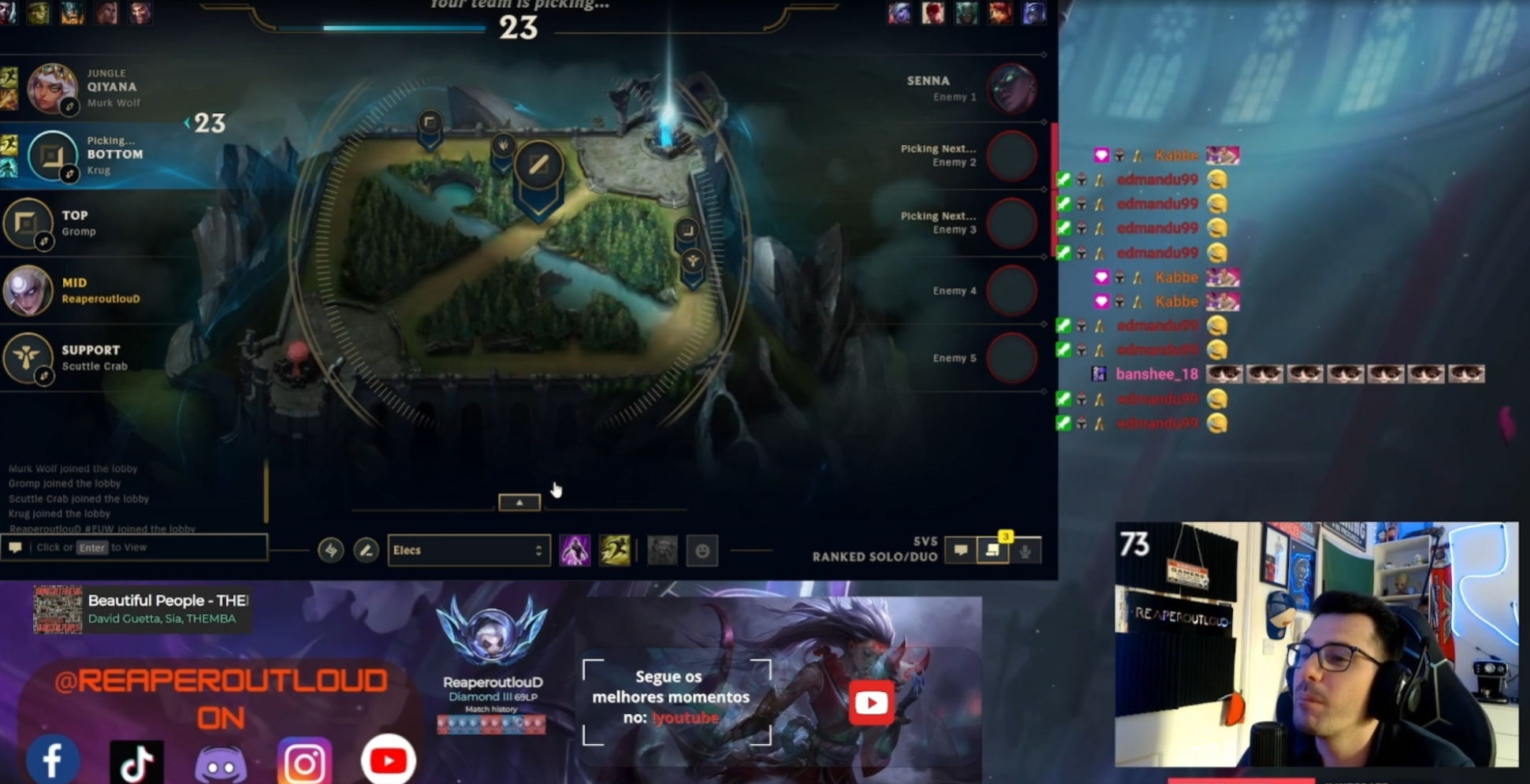 A screenshot of a League of Legends game lobby showing team positions on the map, player names, and chat activity, with a person wearing glasses and headphones visible in the bottom right corner of the video stream.