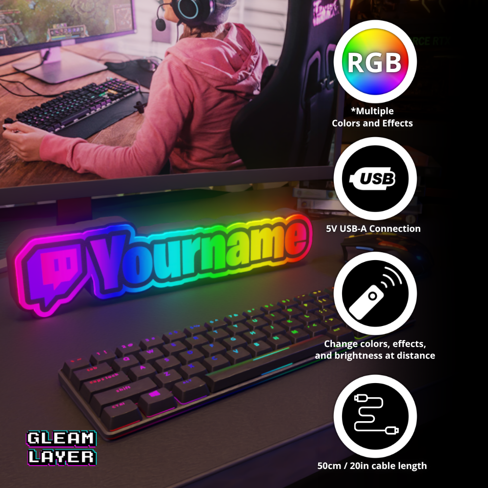 Twitch Name LED Light Sign Personalized RGB Decor for Streamers