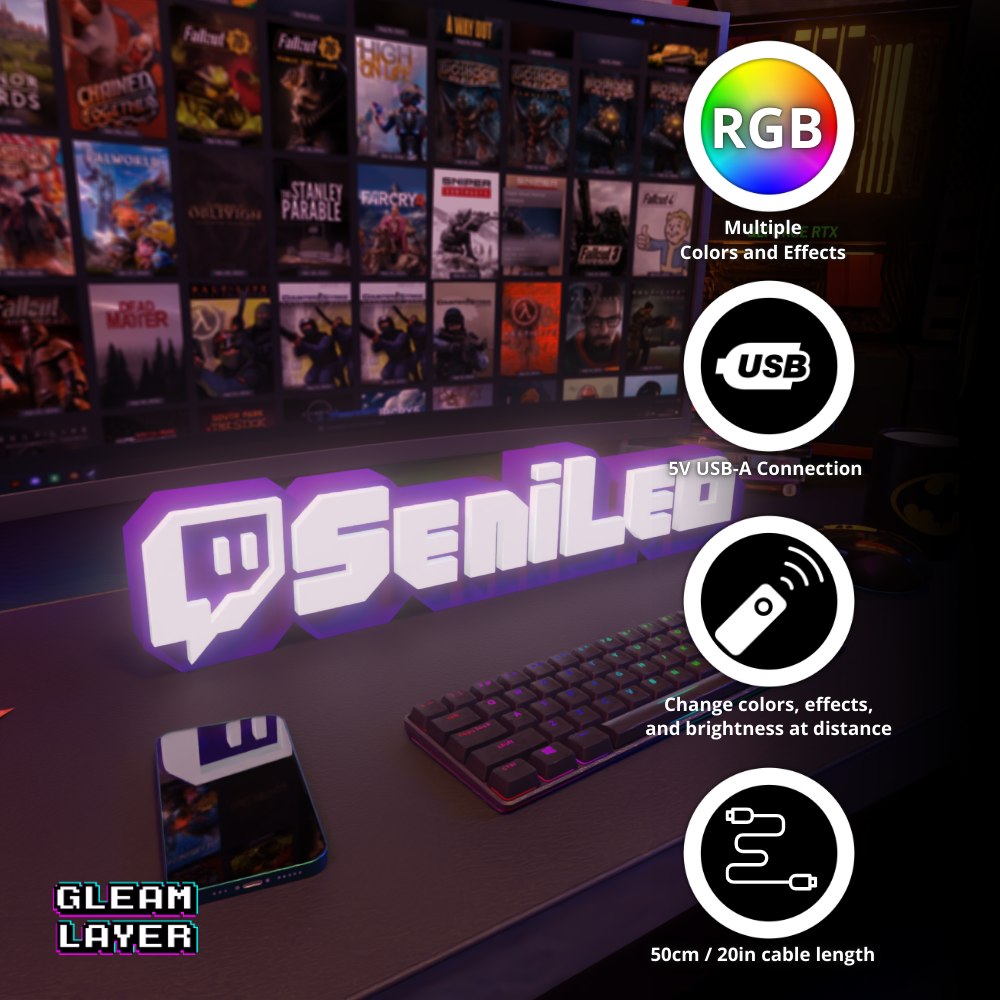 Twitch 3D LED Name Sign Custom RGB Lightbox for Gaming Setup