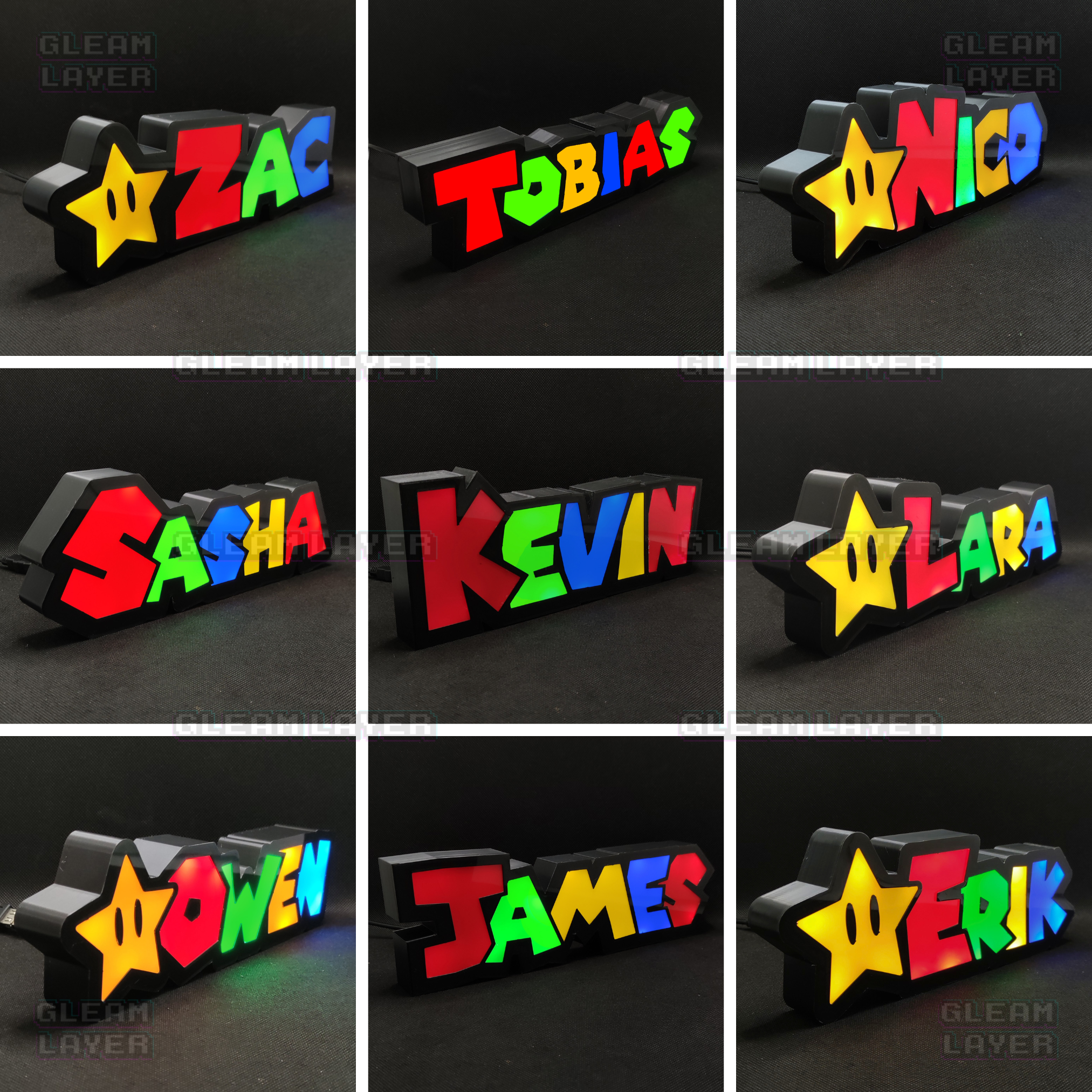 Gleam Layer Personalized Mario Style LED Lightbox Custom Name Retro Gaming Sign