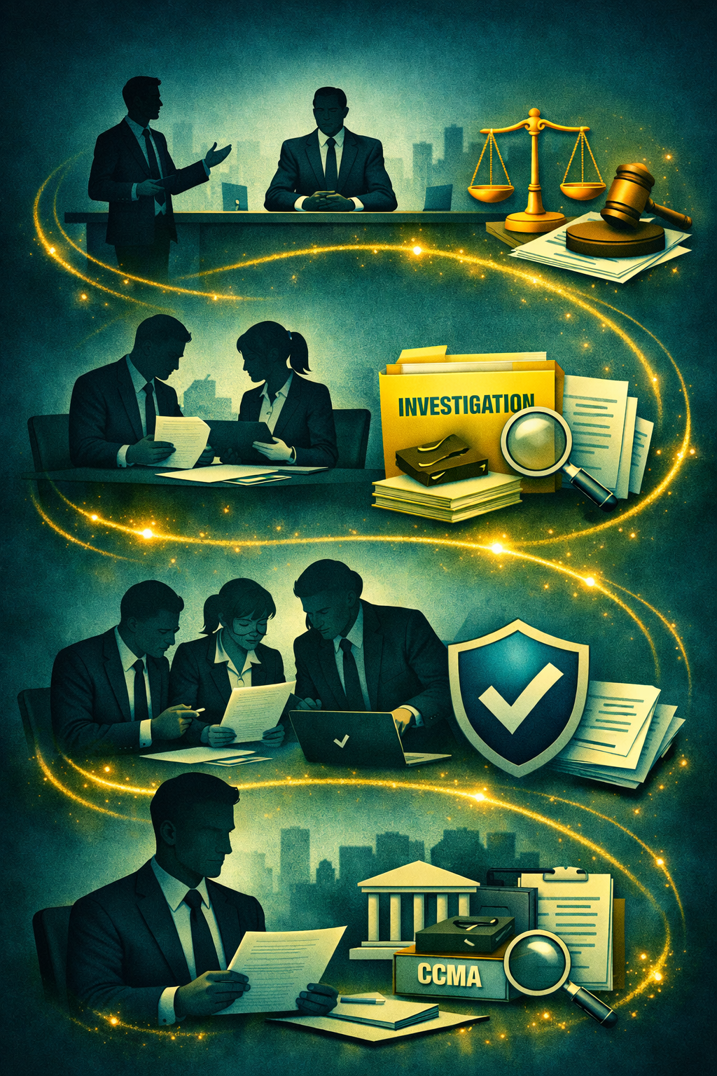 Illustration depicting legal investigation and cybersecurity themes, with business professionals, legal symbols, investigation files, security shield, and government building, interconnected by a glowing golden trail.