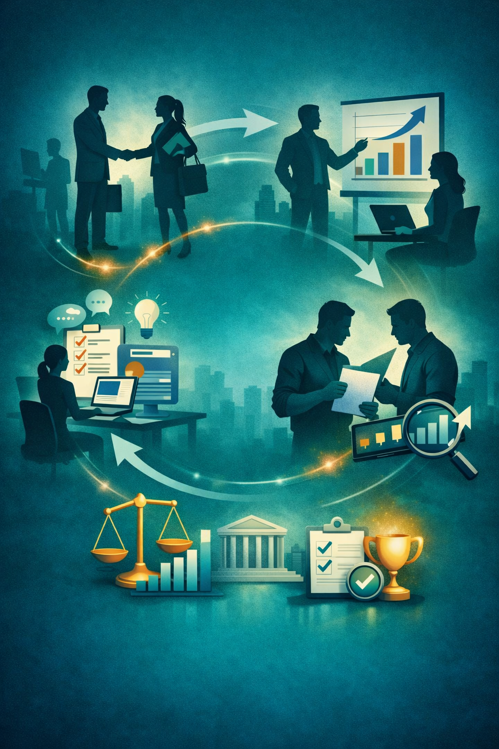 Businesspeople shaking hands, analyzing charts and graphs, working on computers, and discussing documents in a corporate setting with financial icons, scales, and a city skyline background.