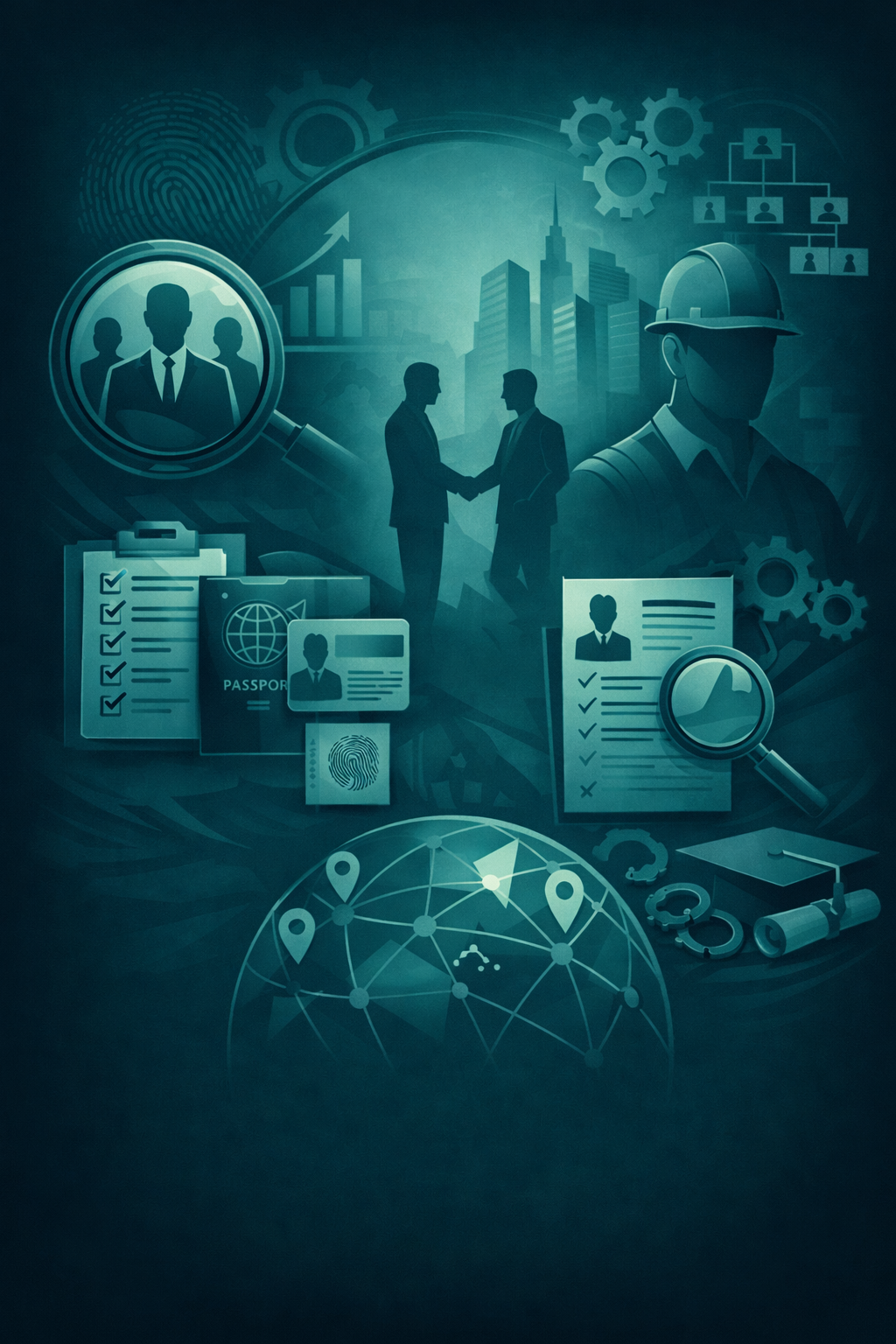 A digital illustration representing business and technology concepts including a handshake between two businesspeople, a magnifying glass with a profile, identification documents like a passport and ID card, a fingerprint, charts, gears, a helmet, a world globe with location markers, and connected lines and nodes in a city skyline background.