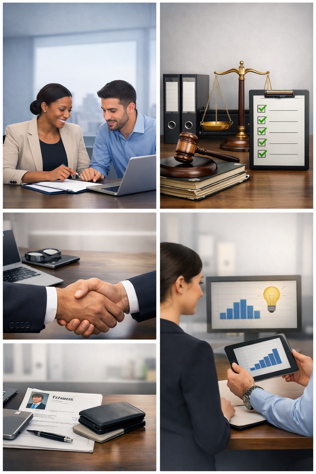 Top left: Two professionals, a woman and a man, reviewing documents together at a desk with a laptop. Top right: Legal symbols including scales of justice, gavel, files, and a checklist on a clipboard. Bottom left: Two individuals shaking hands in a business agreement with office equipment around. Bottom right: Woman looking at a computer screen showing a bar graph with a lightbulb icon, while a person shows her a tablet with similar charts.