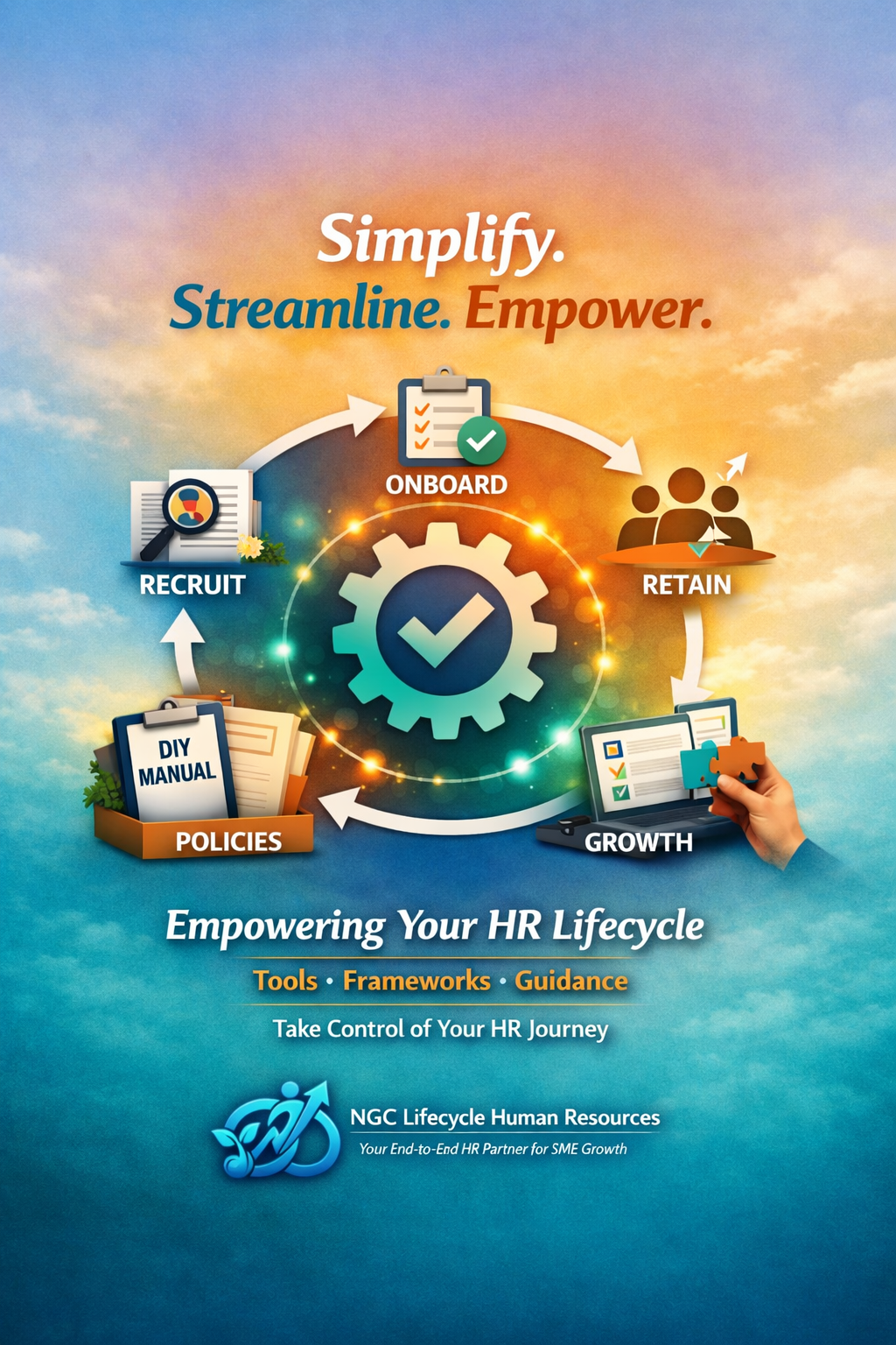 A circular infographic illustrating the HR lifecycle process with stages labeled Recruite, Policies, DIY Manual, Onboard, Growht, Retain, and a gear icon at the center, behind which is a background of a colorful sky. The image contains text that says "Simplify. Streamline. Empower." and promotes HR tools, frameworks, and guidance for managing HR processes.