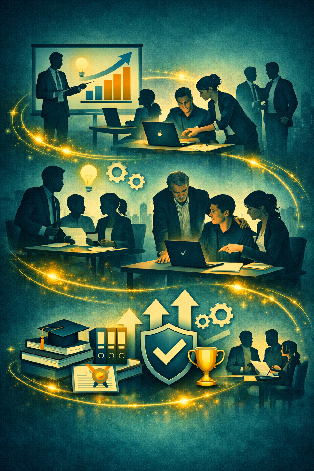 A digital illustration of business professionals collaborating at meetings, presenting data with charts, and working on laptops, with symbols representing growth, innovation, security, and achievement.
