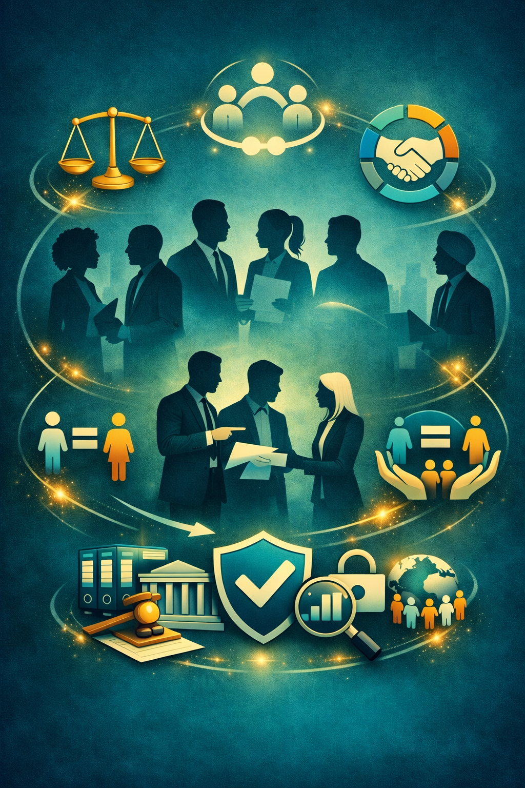 Illustration of business professionals engaging in discussions, with icons representing legal scales, teamwork, agreements, data security, and global connectivity surrounding them, symbolizing collaboration, legal, security, and global business concepts.