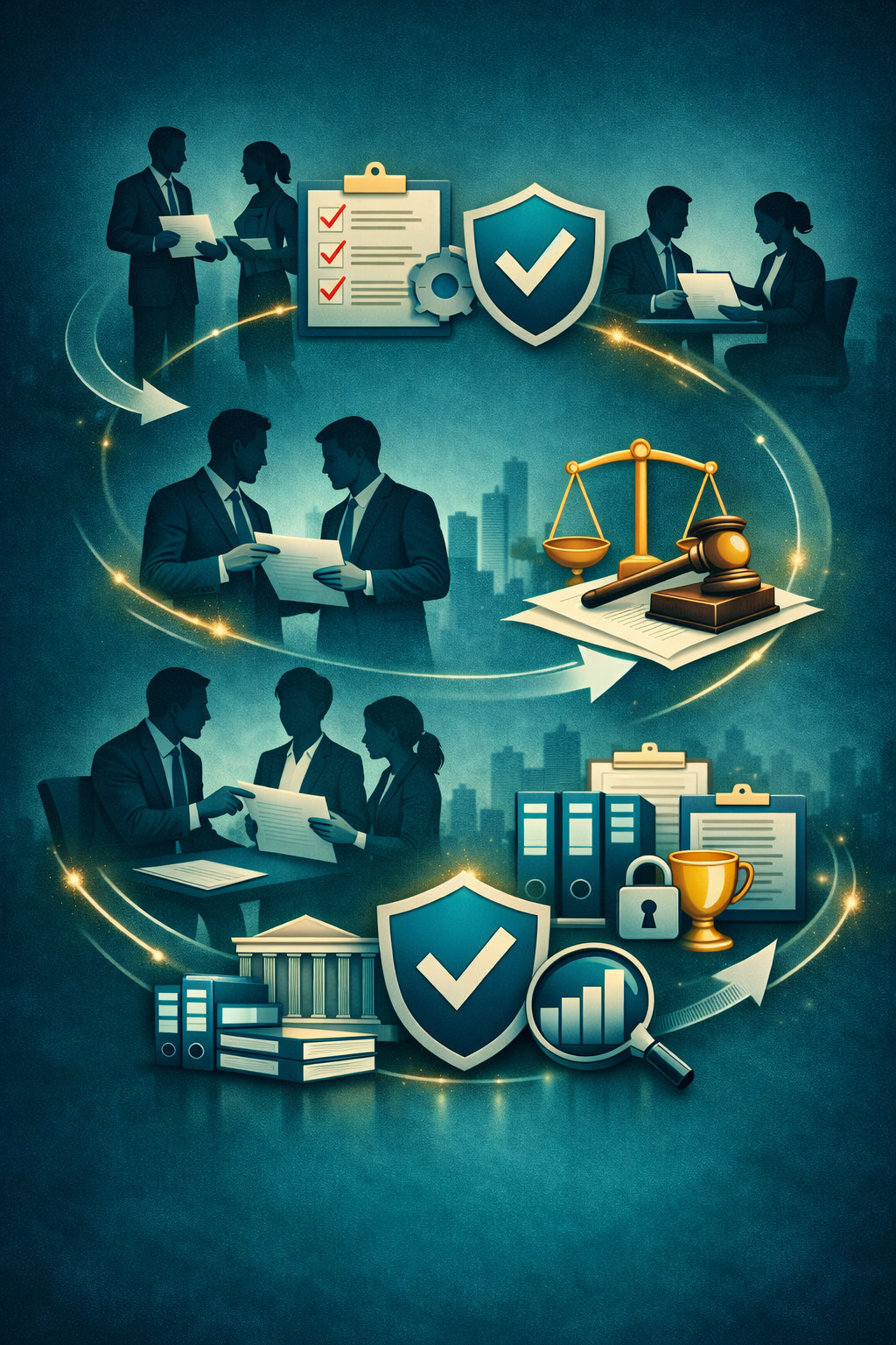 Business professionals engaging in meetings, legal and security icons, and organizational symbols depicting teamwork, legal processes, data security, and business analytics.