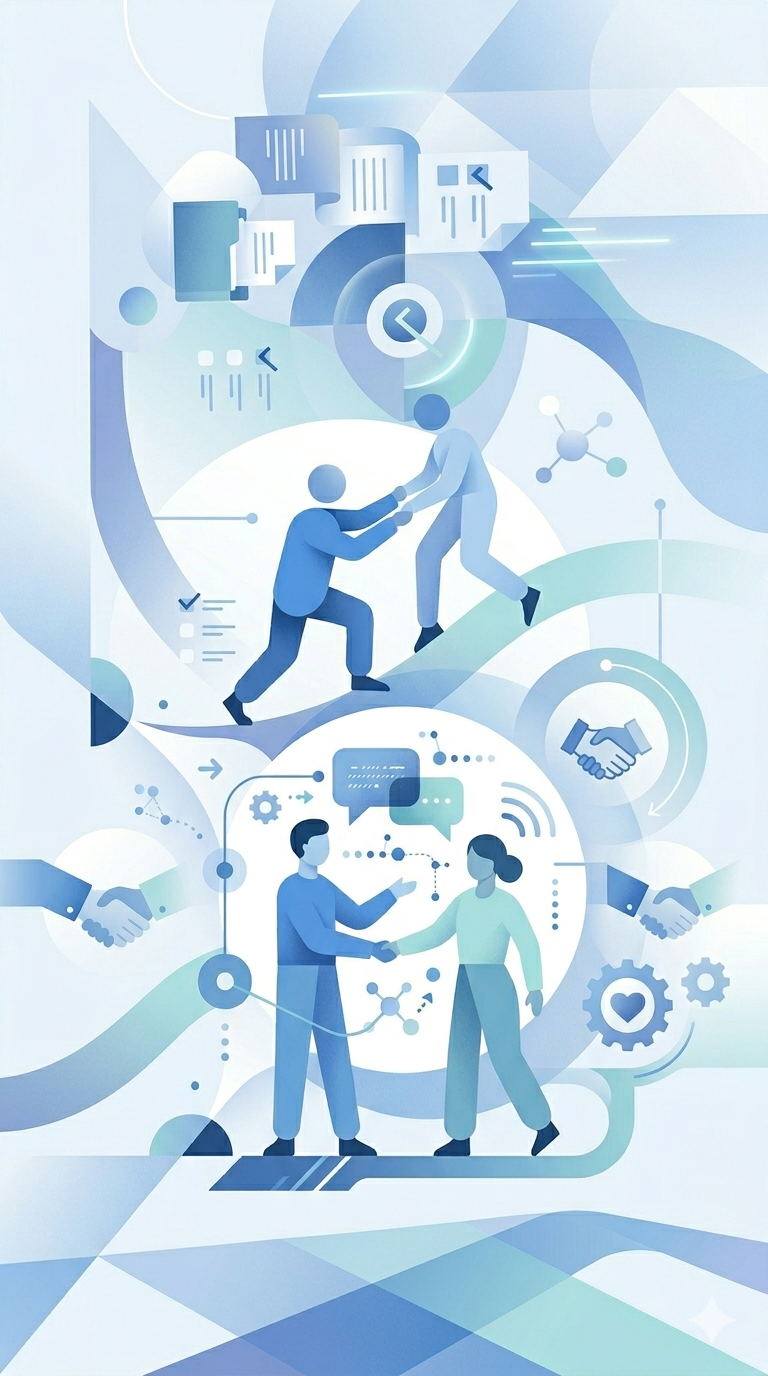 Two men shaking hands in the bottom center, symbolizing agreement or partnership, with digital elements such as speech bubbles and gears around them. Above, two men are holding hands, representing support, teamwork, or collaboration. The background features abstract shapes, clouds, and icons related to technology, communication, and data sharing.