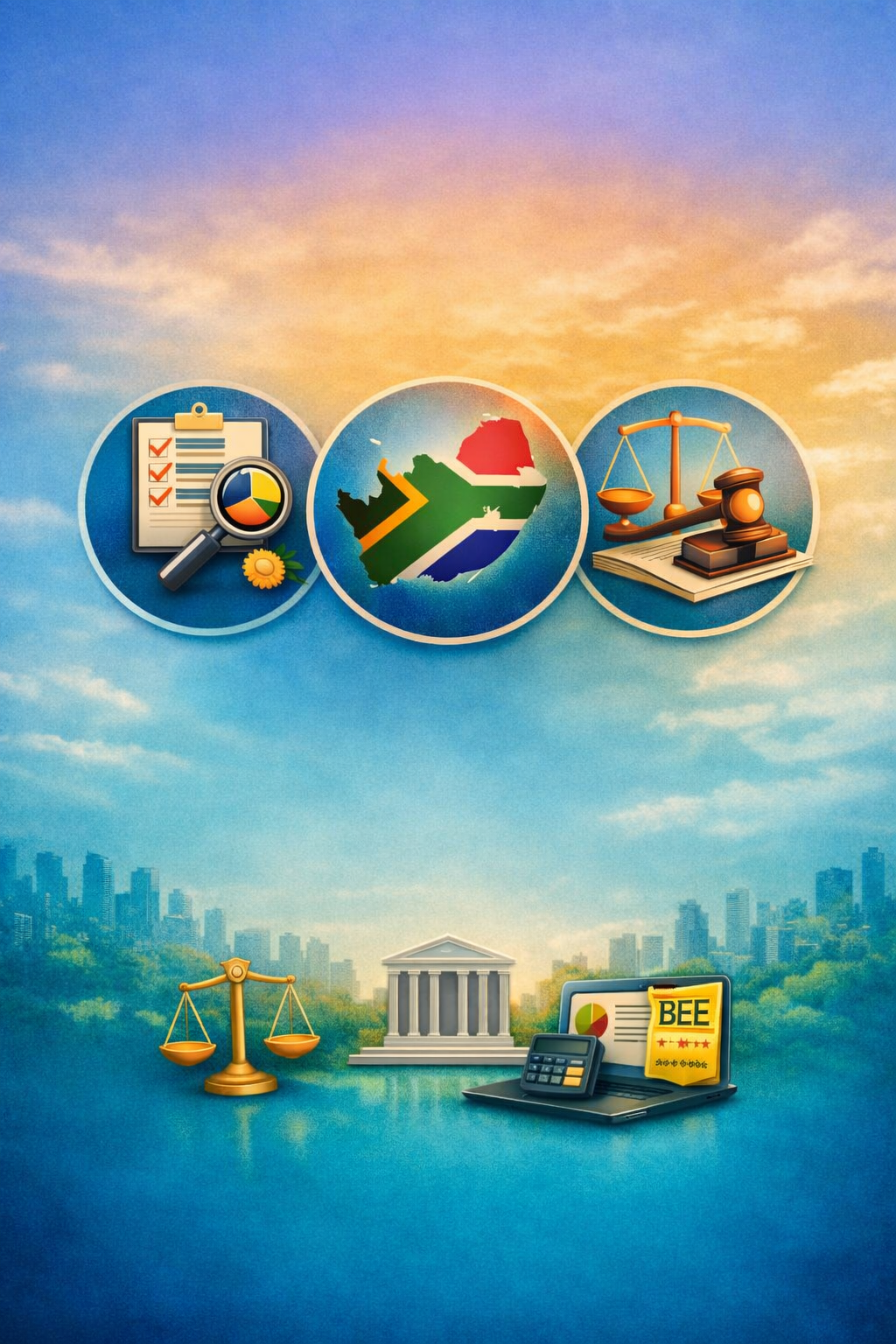 Icons representing legal, governmental, and legislative concepts related to South Africa, including a magnifying glass over a checklist, a map of South Africa with the national flag, a balance scale, a courthouse, a legal gavel, and a laptop with a spreadsheet and a rating sheet labeled 'BEE' for Black Economic Empowerment.