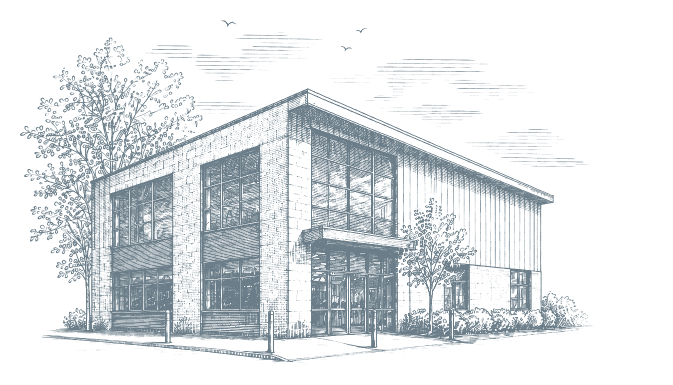 A line drawing of a modern, two-story building with large windows, surrounded by trees, under a partly cloudy sky with birds.