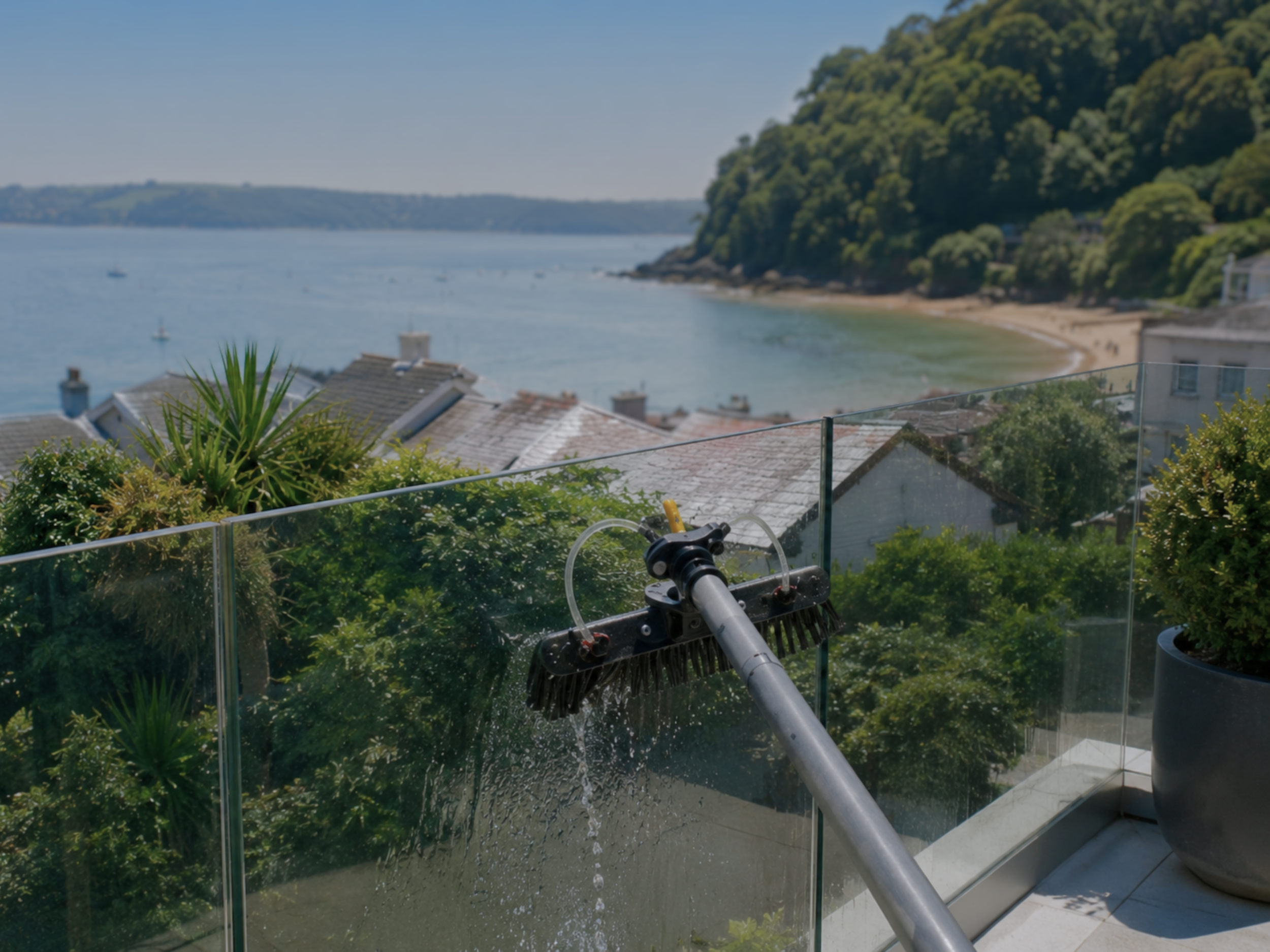 View of a coastal area with roofs of houses in foreground, trees on a hillside to the right, and water with sailboats in the distance. A brush and a telescope are visible on a balcony with glass railing.