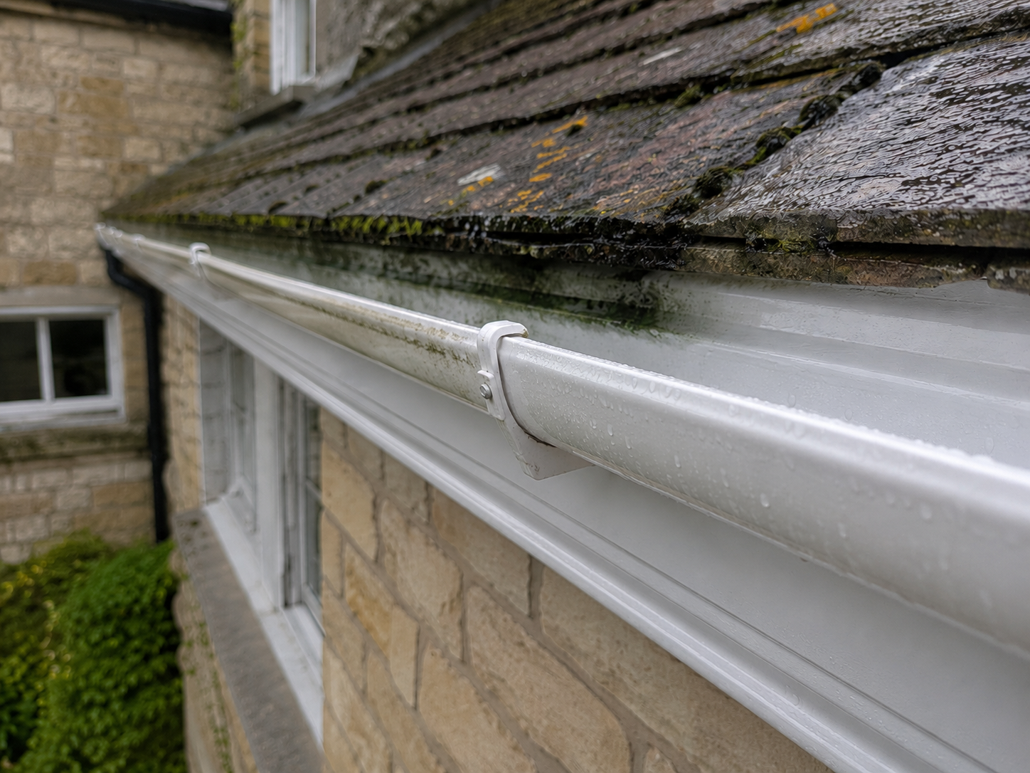 Close-up of a white house gutter with water droplets, attached to a brick wall. Part of a window and roof with moss and rainwater runoff are visible.