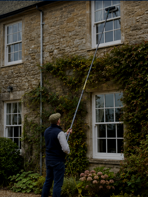 A man using a long pole to trim or cut ivy growing on the exterior brick wall of a house with multiple windows.