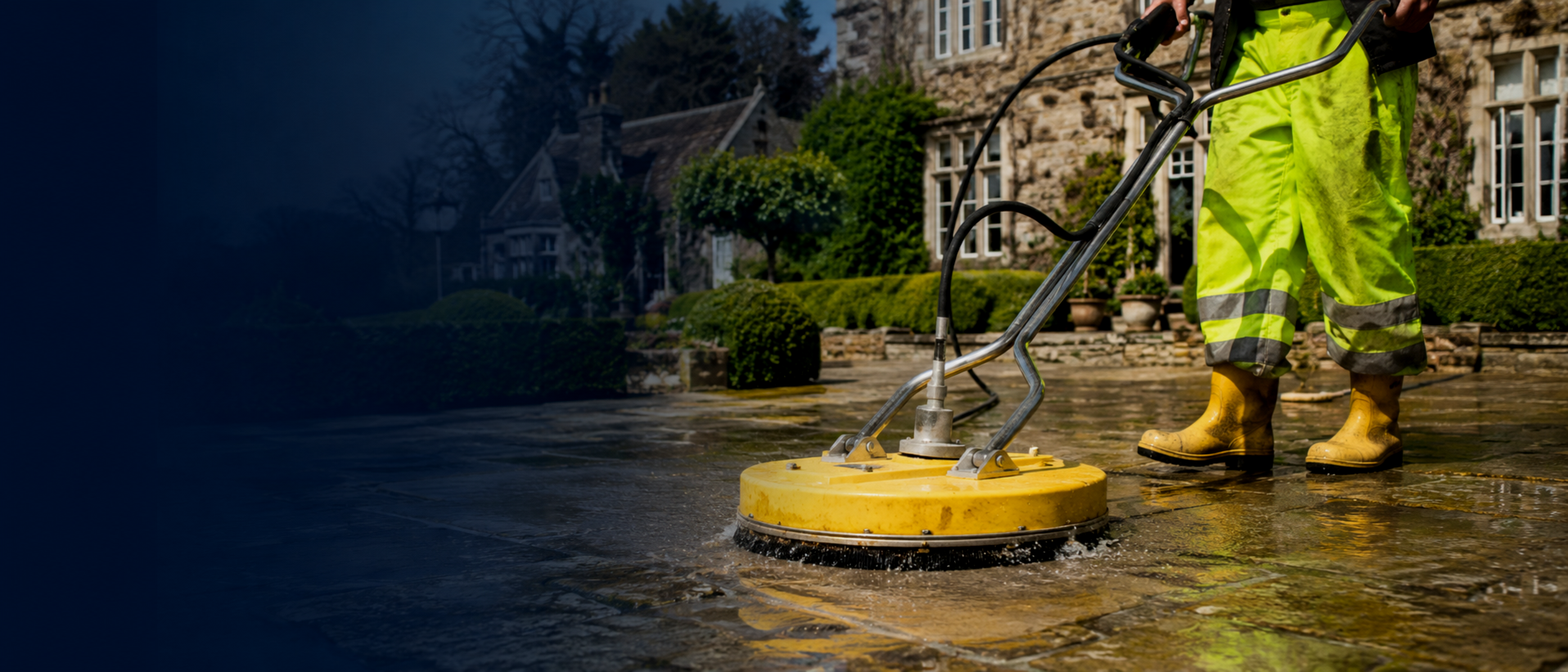 Person in yellow high-visibility work pants and boots uses a power trowel to smooth a concrete surface outside a large stone house with landscaped garden.