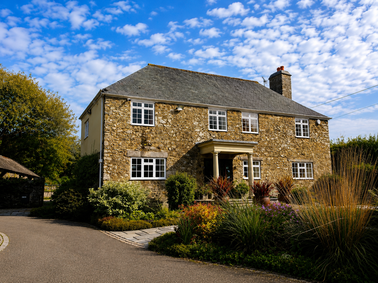 A two-story stone house with white-framed windows, a small porch with columns, and surrounding lush greenery, under a partly cloudy blue sky.
