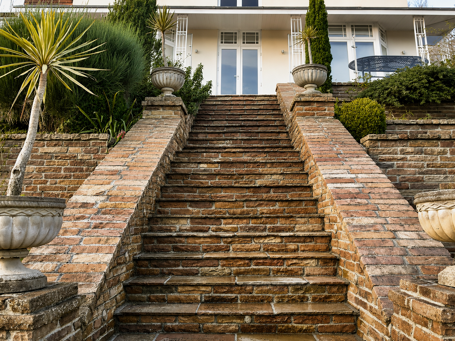 Brick staircase leading up to a house with potted plants and greenery on both sides.