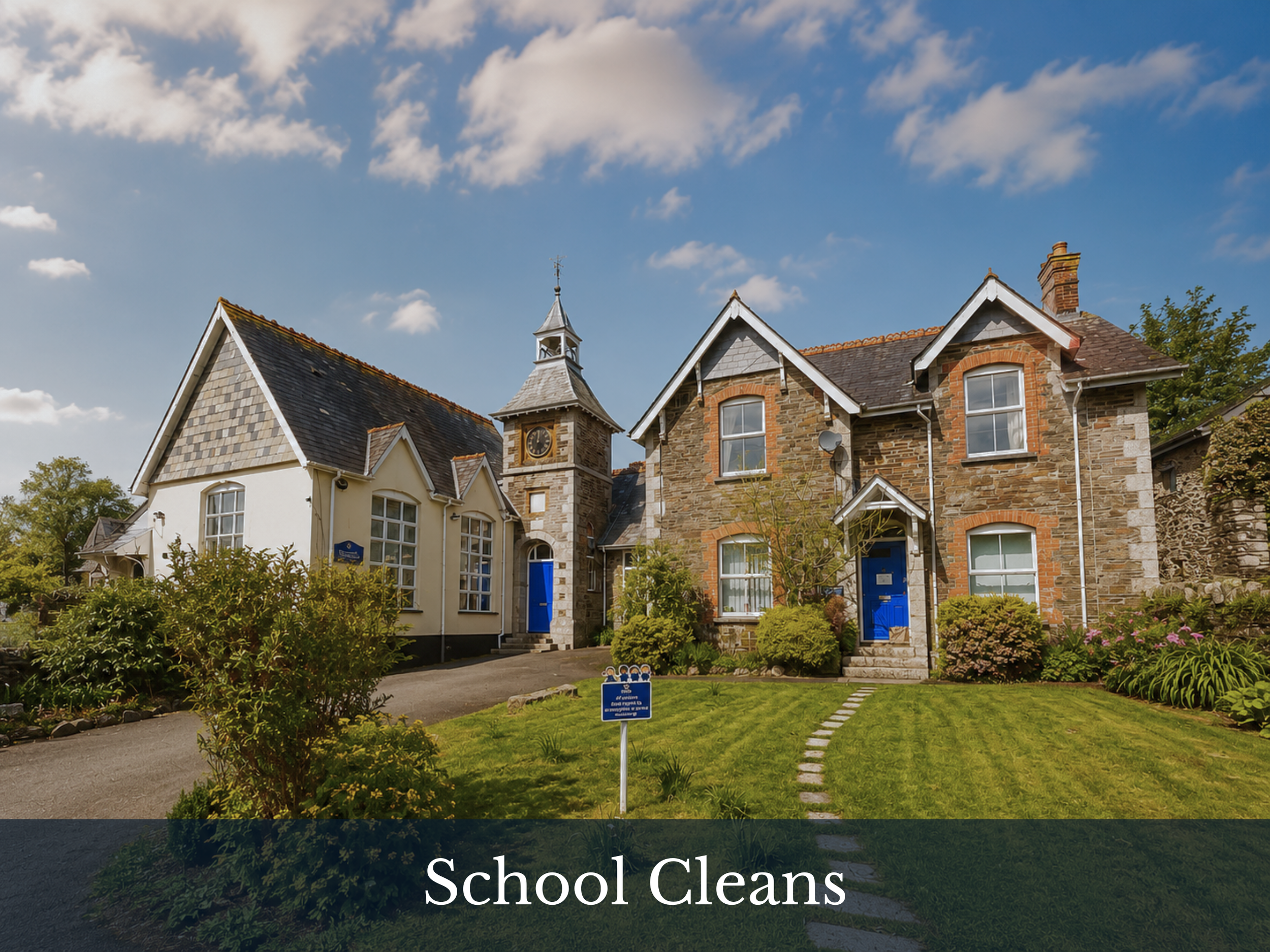 Front view of a school with multiple buildings, a clock tower, and a well-maintained lawn with a sign that reads 'School Cleans'. The sky is partly cloudy.