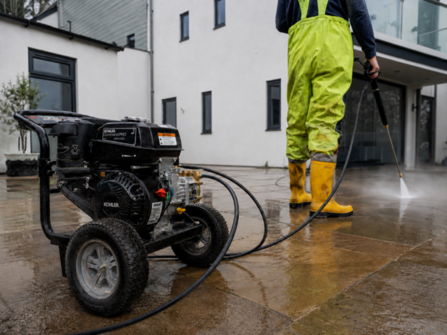 Person wearing yellow rain boots and yellow waterproof pants pressure washing a concrete patio outside a modern building.