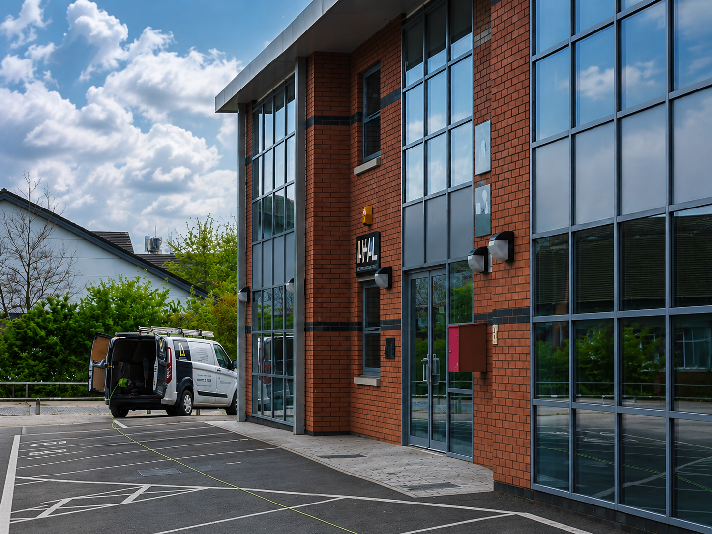 Modern brick and glass building with a parking lot in front, a work van parked with its back doors open, and trees in the background under a partly cloudy sky.