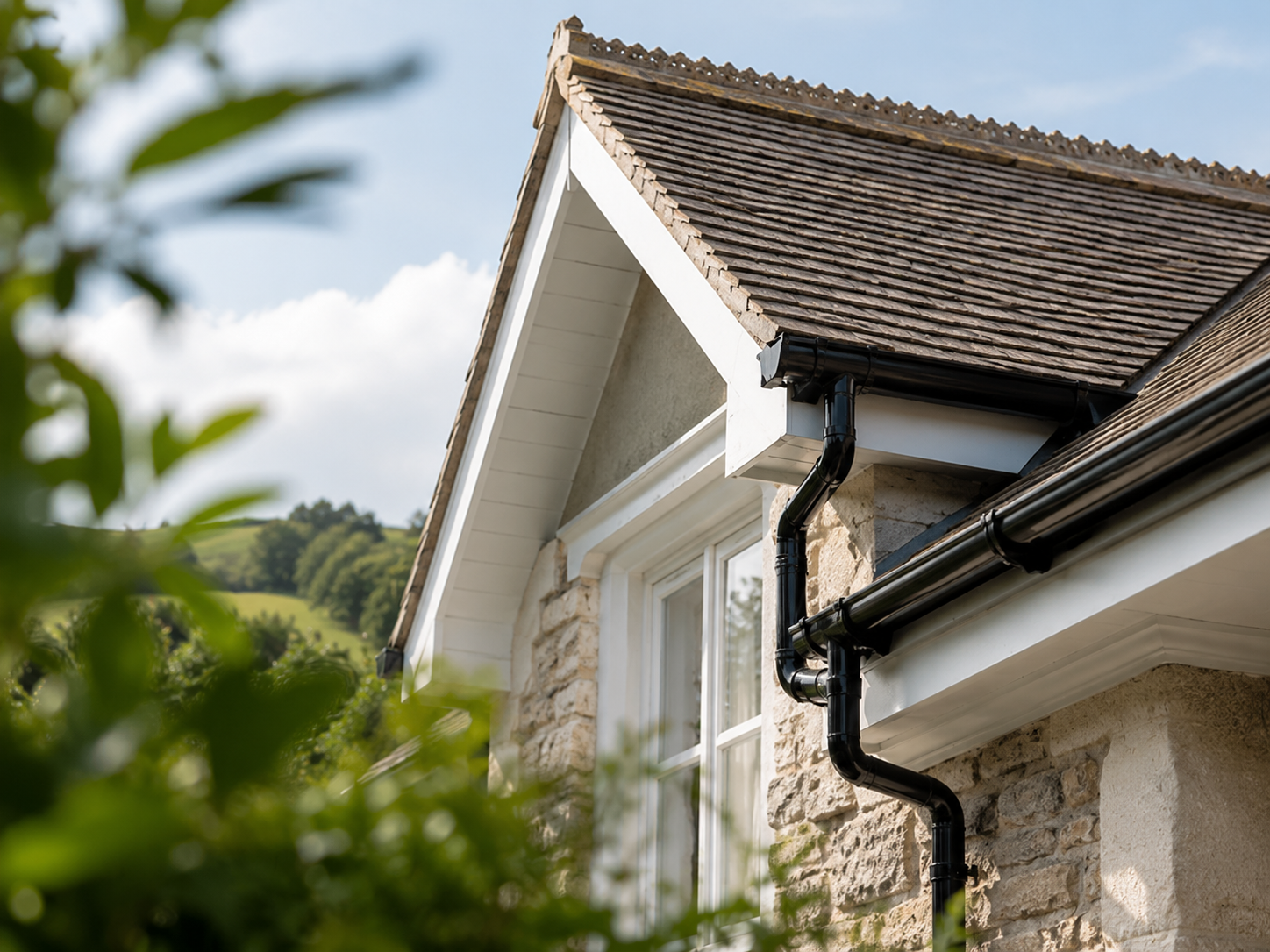Close-up of a house's exterior corner with stone walls, a gabled roof, and black gutter pipes, with greenery in the foreground and a cloudy sky in the background.