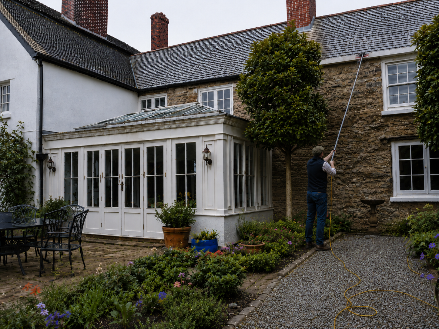 A man is cleaning the exterior stone wall of a house with a long pole and a water hose. The house has a brick chimney and white framed windows, with a glass enclosed porch attached to it. The garden has potted plants and blooming flowers, and there are outdoor chairs and a table nearby.