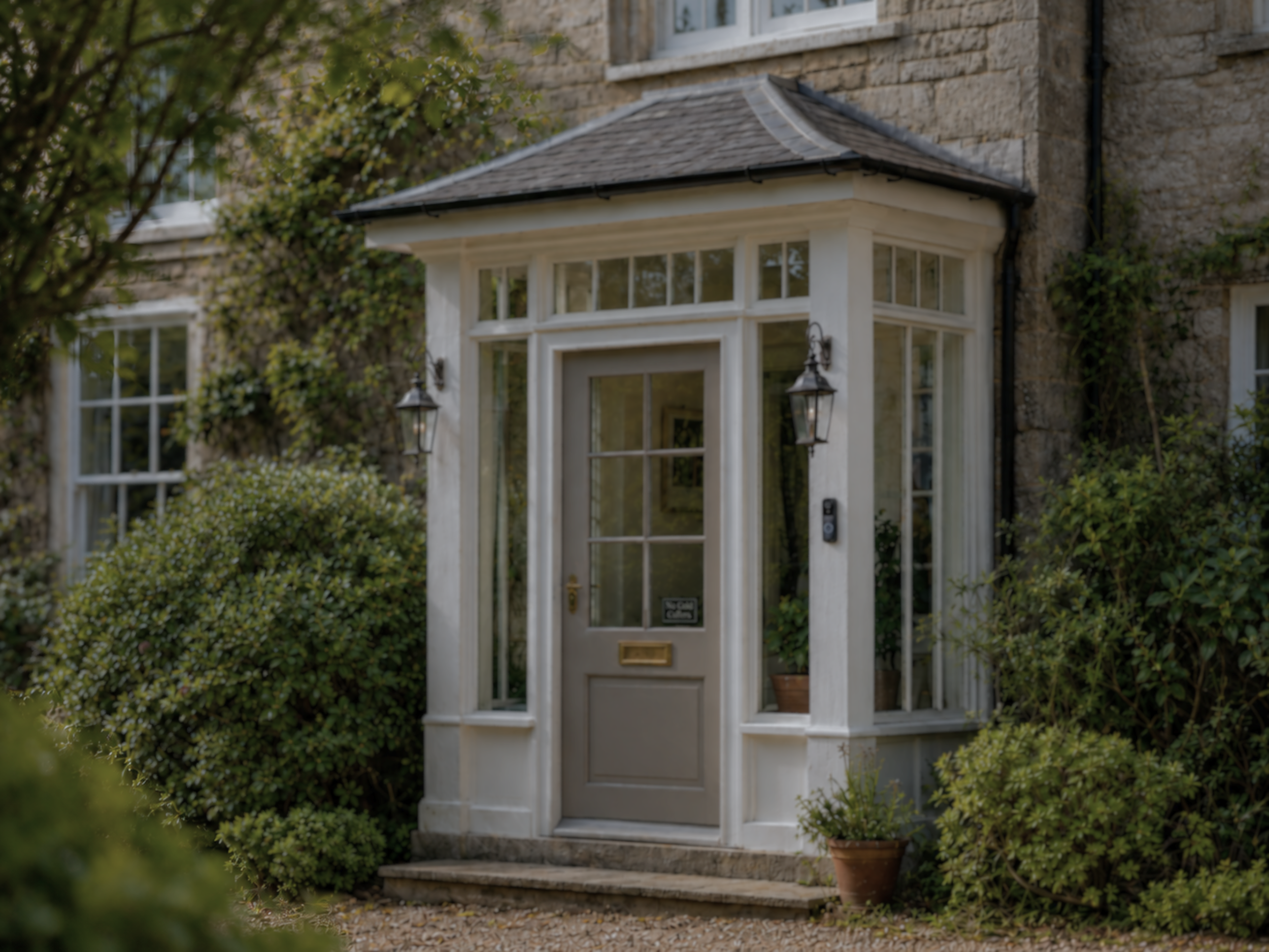 Front door of a house with a small porch, surrounded by greenery and potted plants.