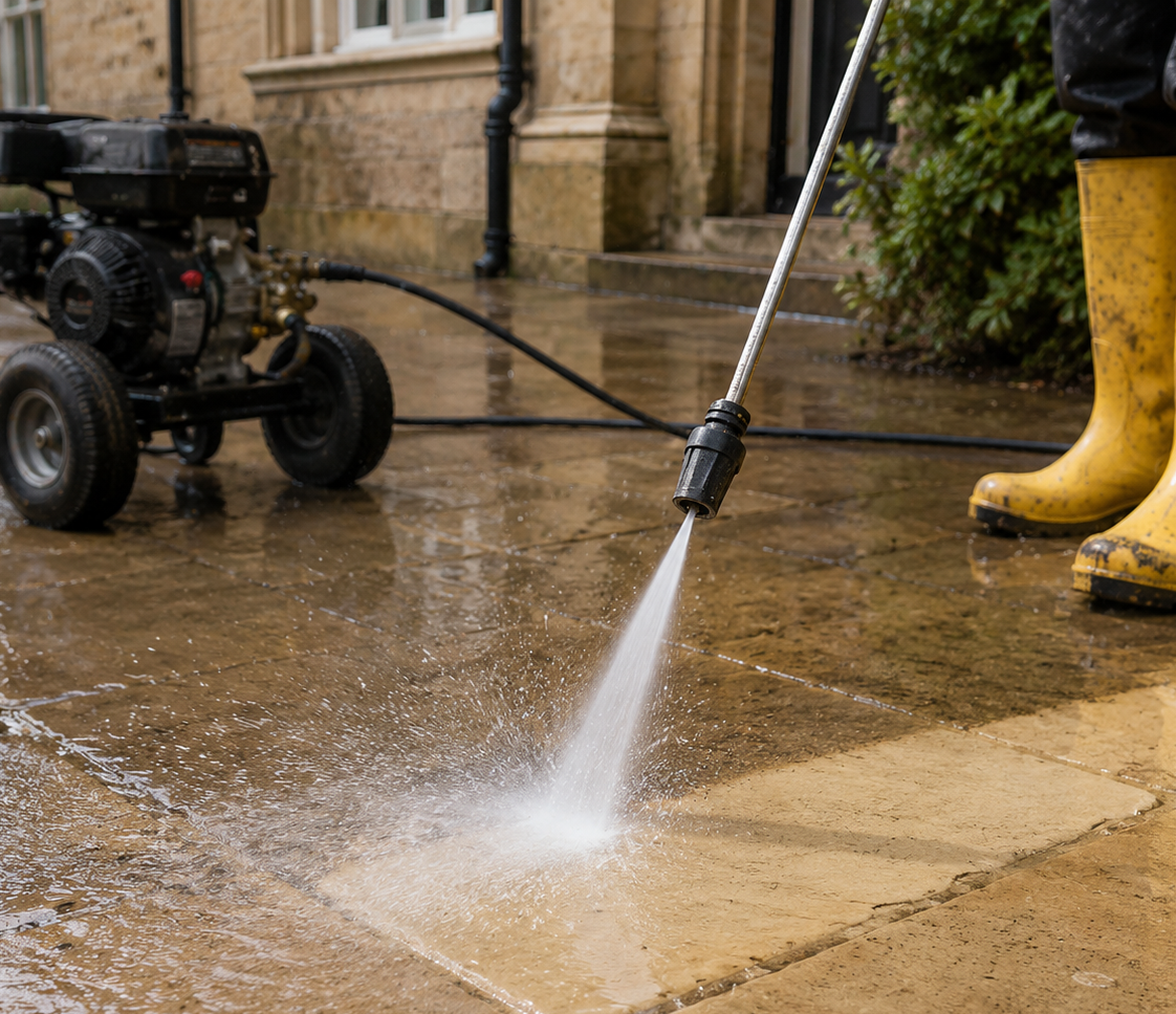 Person pressure washing a stone walkway with yellow rain boots nearby