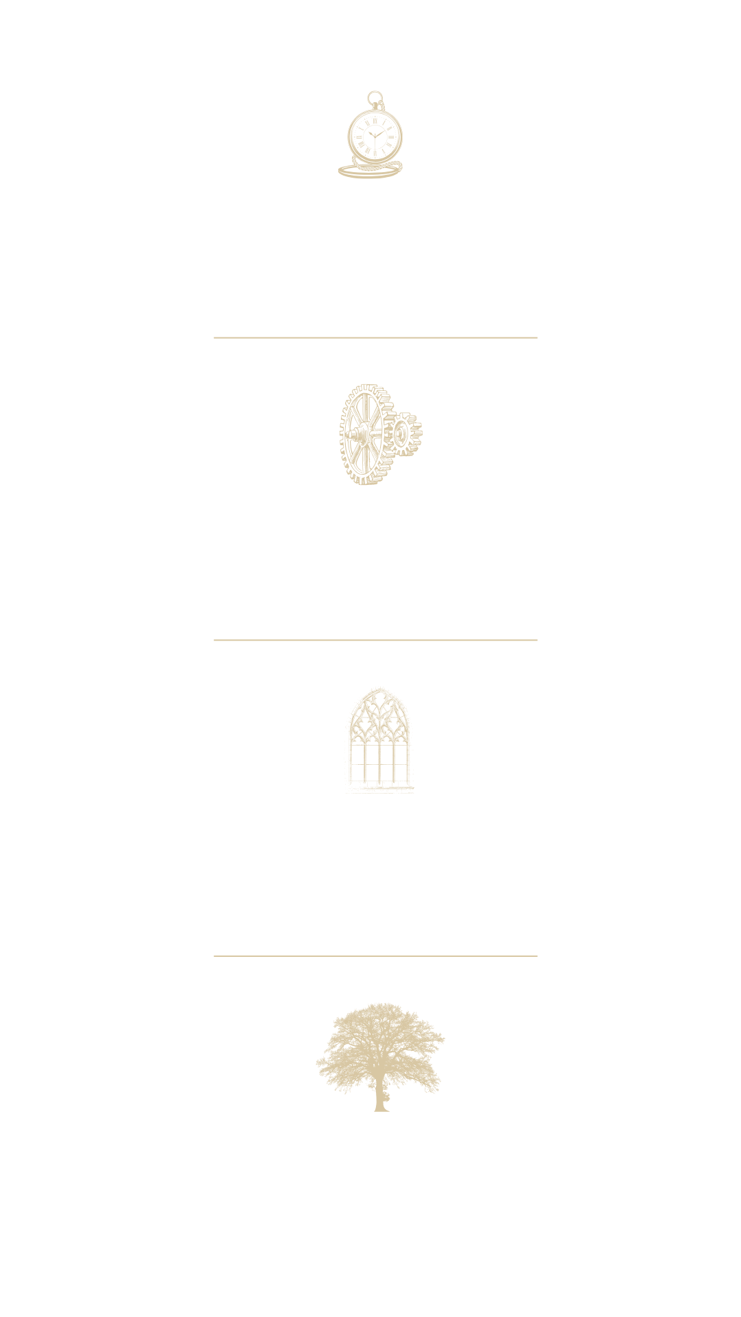 Black background with gold-colored icons and text. Top icon of a pocket watch, with text about being established since 2012 and local experience in Plymouth, South Hams, and South Devon. Middle icon of gears, with text about specialist equipment for water systems, carbon poles, and professional equipment. Bottom icon of a Gothic-style window, with text emphasizing attention to detail and 48-hour clean guarantee. Bottom section features a tree icon, with text about full insurance, dependability, and a respectful approach to property.
