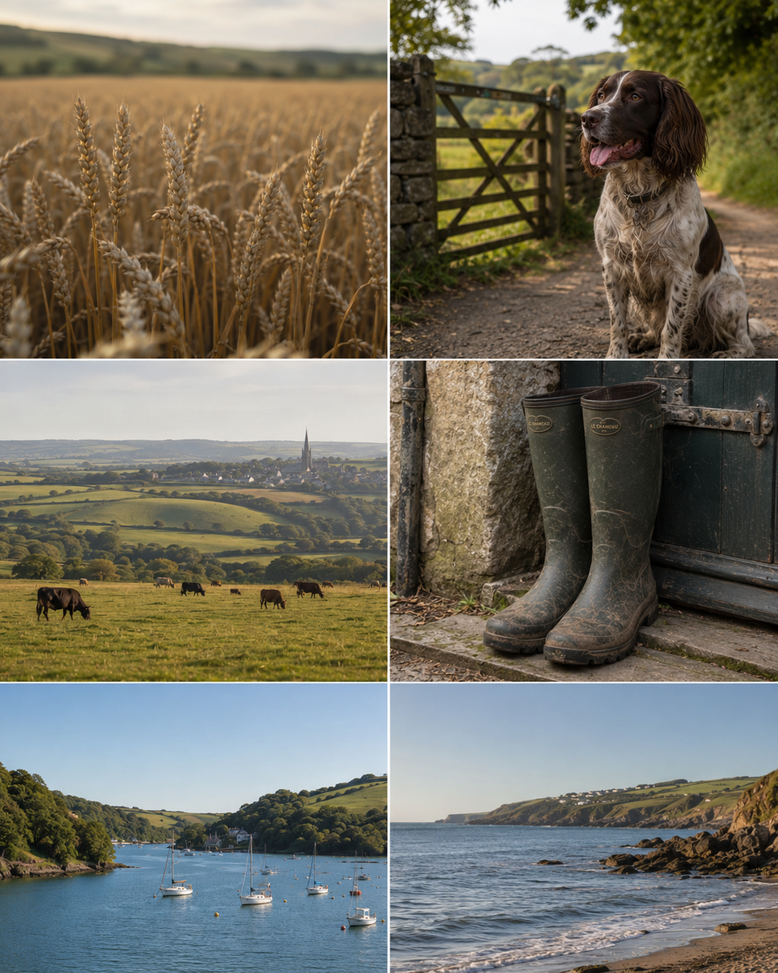 A collage of six images depicting rural and coastal scenes: wheat crops in a field, a dog sitting on a country path near a gate, a panoramic view of a countryside with rolling hills and a church steeple, a pair of well-worn rubber boots outside a cottage door, sailboats anchored in a harbor with green hills, and a rocky beach along the coastline.
