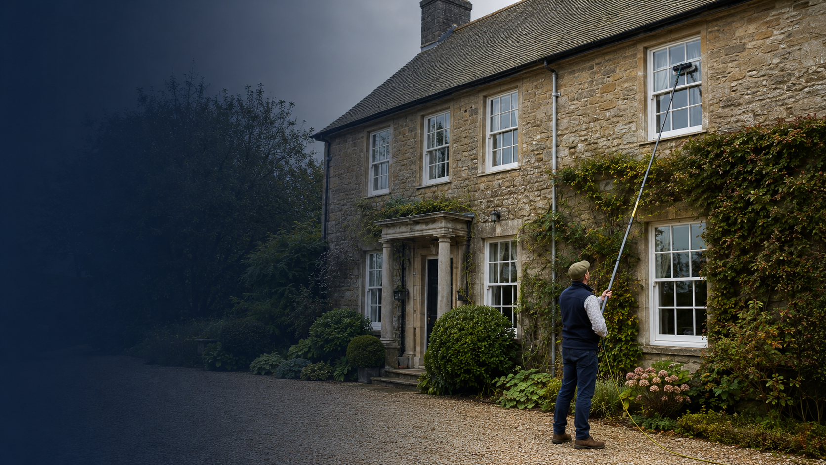 A man using an extendable pole to clean the windows of a stone house with multiple white-framed windows and ivy growing on the exterior walls.
